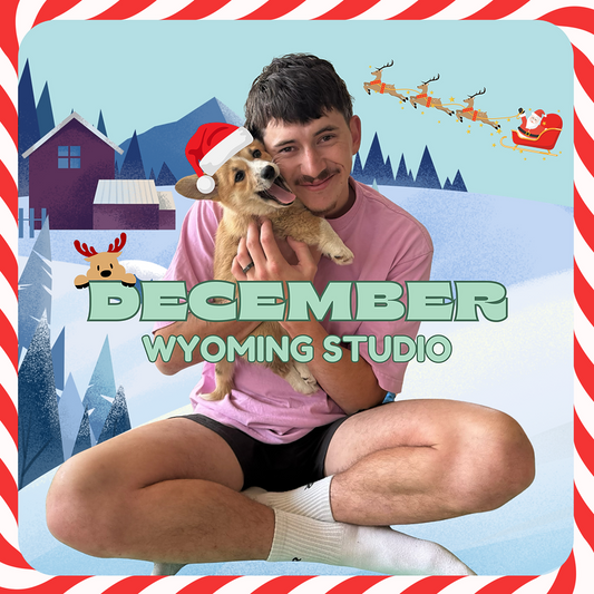 Person sitting with a puppy during a Yogi Paws Puppy Yoga class at the Wyoming Studio, Central Coast NSW, with a festive Christmas-themed background and “December Wyoming Studio” text overlay.